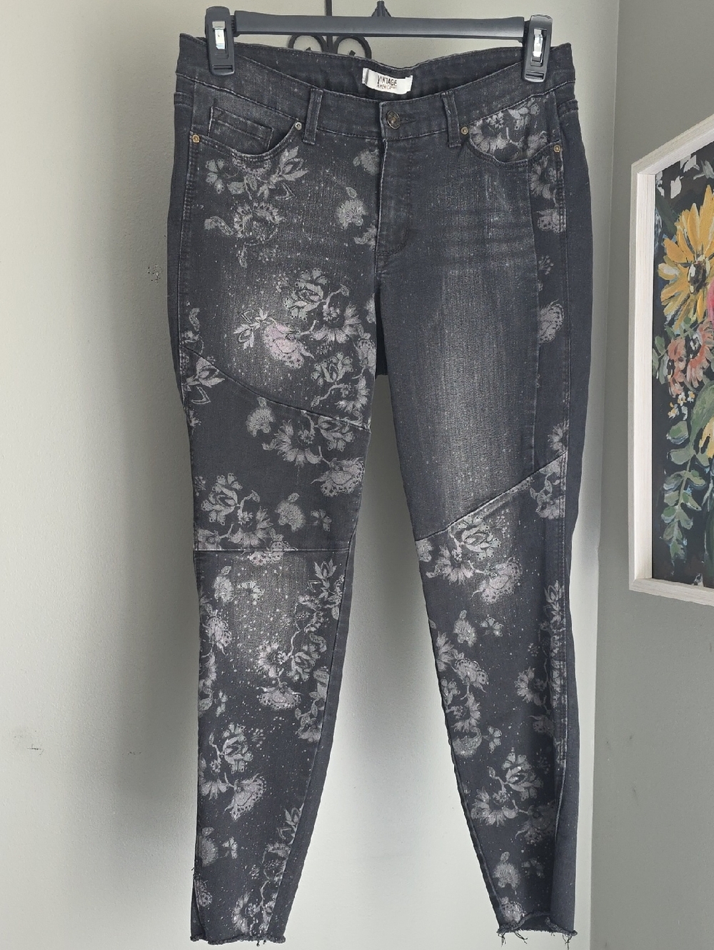Vintage America Blues Floral-Print Black Skinny Jeans Size 10